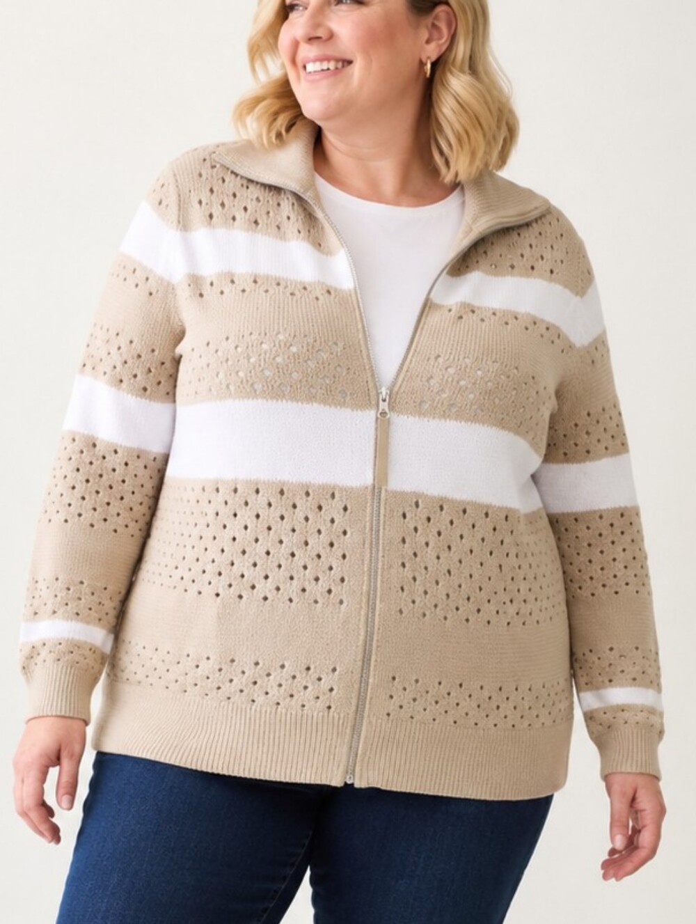 NWT Talbots Striped Open Stitch Sweater Jacket Oat White Plus Petite 3X